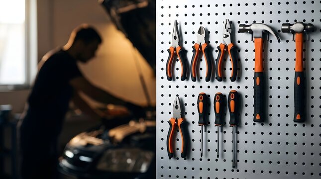 Set of hand tools on pegboard with blurred male car mechanic working on background vehicle engine