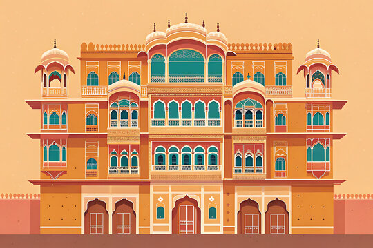 Minimal vector artwork of a colorful Rajasthan haveli with ornate balconies, arched windows, sandstone details