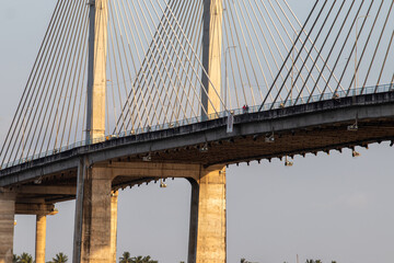 Fototapeta premium Cable-stayed bridge with concrete pylons and stay cables at dusk.
