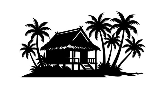 Tropical bungalow silhouette on an island with palm trees