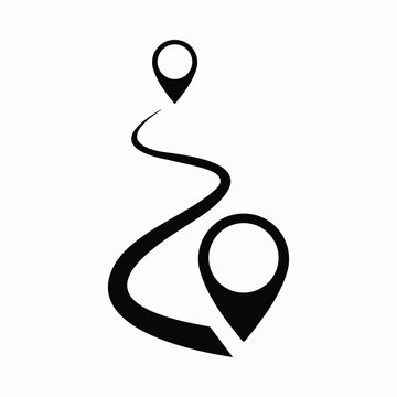 A sleek black vector illustration depicting a winding path with two location pin icons, signifying a journey, route, or navigation from a starting point to a destination.