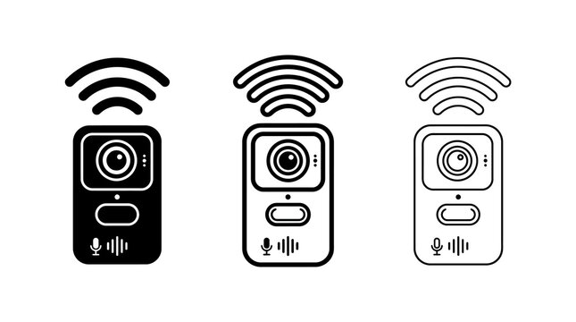 Smart home doorbell icon set with sound waves in monochrome style