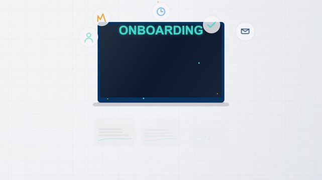 Modern employee onboarding dashboard animation with HR workflow, recruitment, training, task management, and digital onboarding process for corporate human resources platform