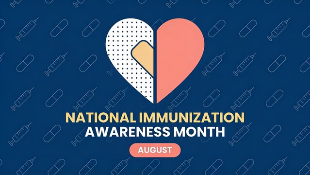 National immunization awareness month graphic featuring a stylized heart icon with a bandage design for public health education during the month of august in blue tones