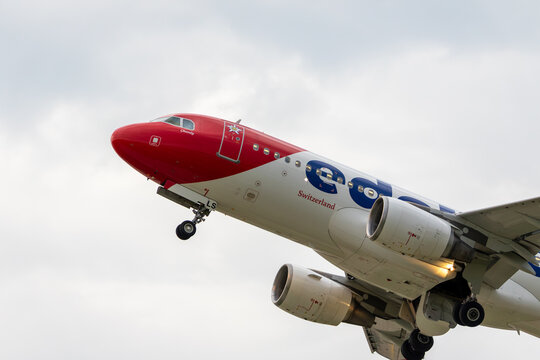 Hannover, Germany &ndash; 6 July 2026 Edelweiss Air Airbus A320-214 &ldquo;Oberalp&rdquo; (HB-JLS) taking off from Hannover Airport, Germany &ndash; commercial aviation photography