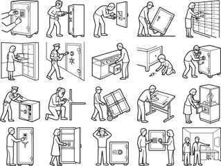 Fototapeta premium A collection of line art illustrations depicting various scenes of people interacting with safes, highlighting security, storage, and access.