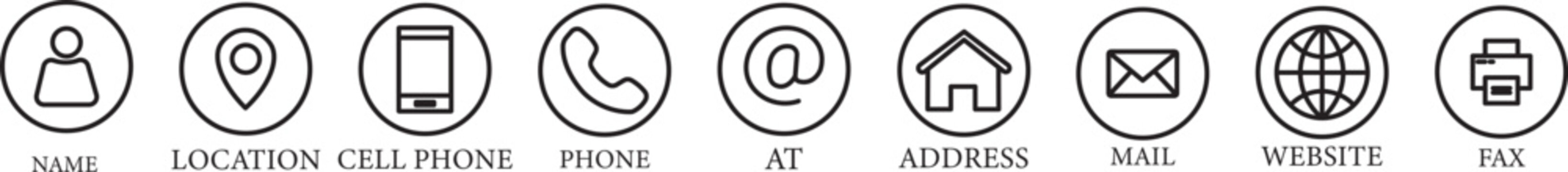 Contact information icons for business card featuring name, location, cell phone, phone, email, address, website,