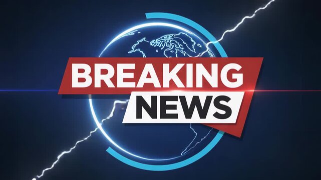 Breaking News graphic with a glowing blue earth globe and dynamic lightning bolts on a dark digital background conveying urgent global information and broadcast updates 4k video