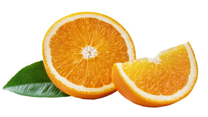 Fototapeta premium Juicy orange halves and slice with green leaf, isolated on transparent background