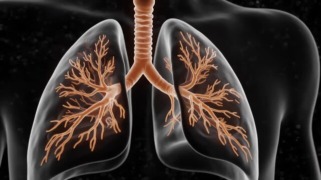 Animated human lungs medical visualization, glowing bronchial tree structure. Respiratory system anatomy, lung health and breathing function animation for healthcare education and research.