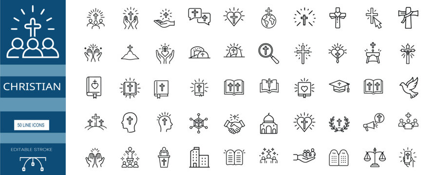 Christian religion and church line icons set with holy bible, jesus cross, prayer hands, peace dove, law tablets & more vector illustration with editable stroke.