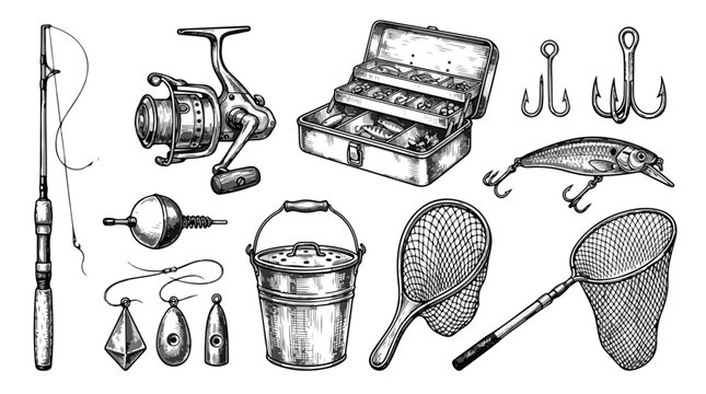 Vintage fishing gear collection, hand drawn sketch of angling equipment and tackle, retro engraved style fishing rod and reel vector set