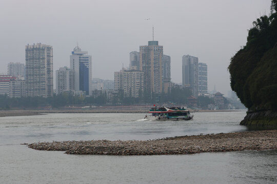 Scenery of Leshan skyline on the ferry to visit Leshan Giant Buddha, Sichuan Province of China