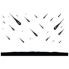 Meteor shower line art vector silhouette illustration with falling asteroids and ground. © MDRAYHAN