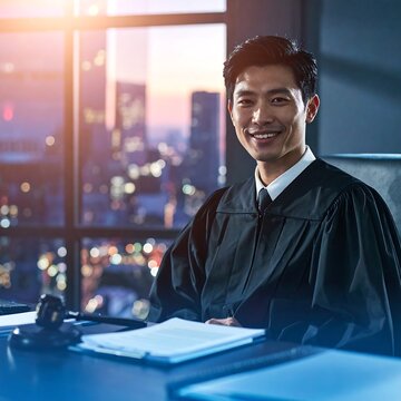 Smiling Young Judge Sitting at Desk in Modern Office at Dusk