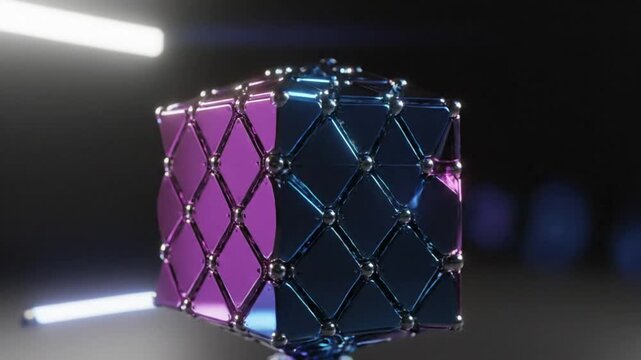 Abstract futuristic 3D animation of a transforming geometric shape with a reflective iridescent surface, evolving and rotating