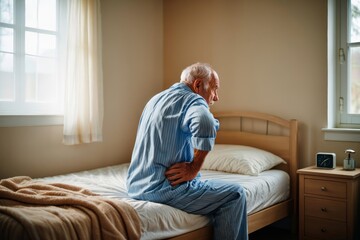 Fototapeta premium Elderly man sitting on the edge of his bed suffering from severe lower back pain
