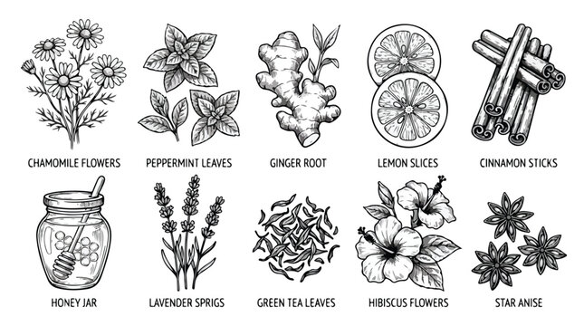 Vintage botanical tea herbs and spices collection, hand drawn 10 icons set, engraved herbal ingredients for wellness packaging and menu design