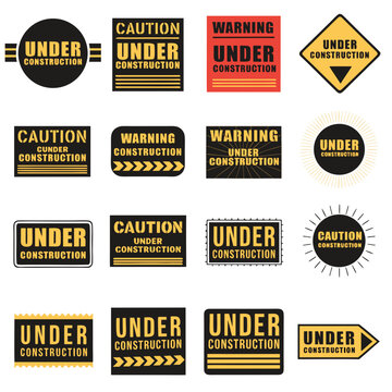 Set of sixteen under construction signs, a collection of various warning and caution symbols indicating work in progress.