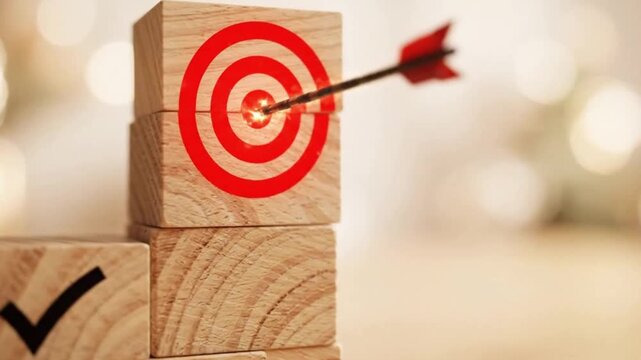 Wooden blocks stacked in a staircase shape with check marks and a target with an arrow hitting the bullseye, representing success and goal achievement
