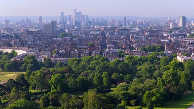 Aerial video of Regent's Park and London Skyline in the Morning. 