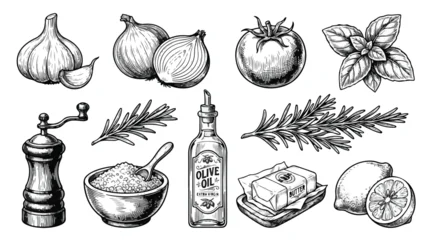 Vintage hand drawn cooking ingredients set, 10 vector sketches of kitchen spices and vegetables, rustic woodcut style food illustrations © gulshan