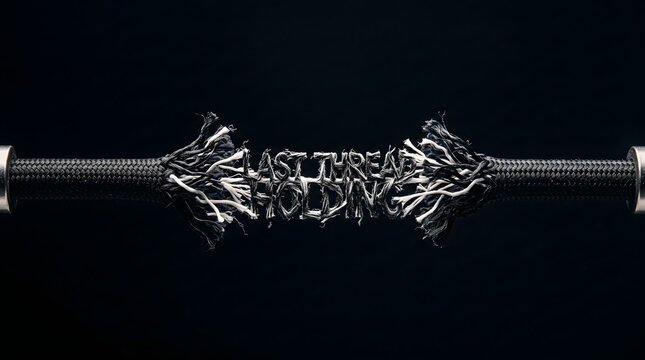 Frayed black rope cable splitting apart to reveal the words last thread holding representing stress and breaking point