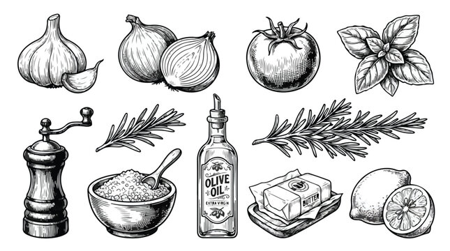 Vintage hand drawn cooking ingredients set, 10 vector sketches of kitchen spices and vegetables, rustic woodcut style food illustrations