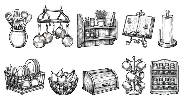 Vintage hand drawn kitchenware set, rustic culinary tools and kitchen accessories collection, black and white engraved cooking equipment vector