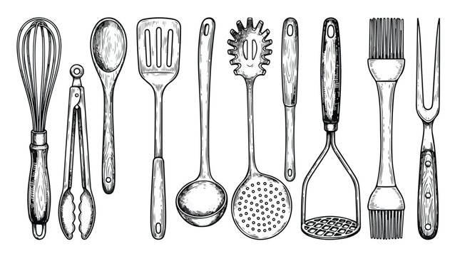Vintage kitchen utensils hand drawn vector set, rustic culinary tools sketches, 10 black and white cooking equipment icons for restaurant menu design
