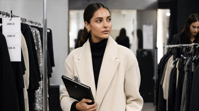 Fashion director backstage busy atmosphere of a runway show. Stylish female in a cream coat and black turtleneck holds a clipboard. She looks aside thoughtfully amidst clothing racks with look tags
