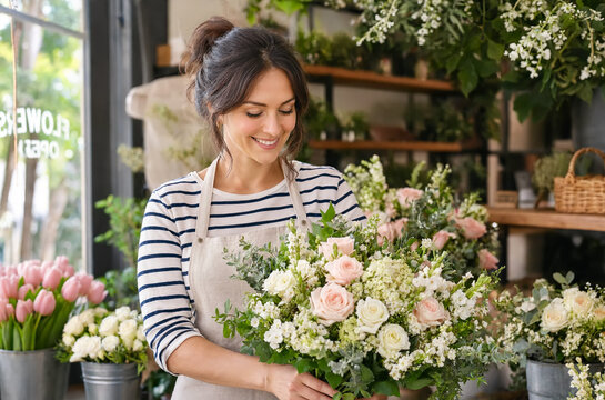Smiling female florist carefully arranges a beautiful bouquet of pink and white roses with lush greenery, standing inside her bright flower shop, surrounded by fresh blooms