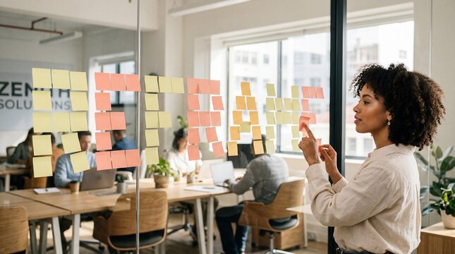 Confident young woman arranges colorful sticky notes spelling reframe on an office glass wall