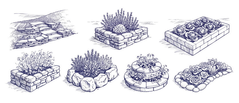 Raised garden bed sketch designs showing backyard landscaping ideas with stone walls, brick borders, and vegetable plots. Hand-drawn blue ink vector line art illustration set for garden planning tool.