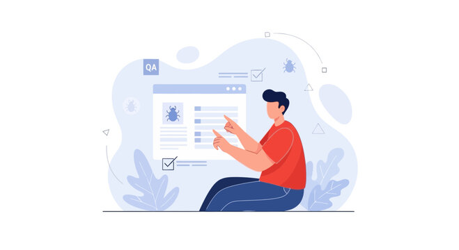 Software Quality Assurance (QA) Tester Debugging Software Code with Bug Icons and Checklists