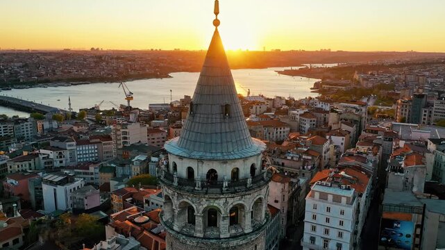 Istanbul Galata Tower at sunset aerial drone shot. Panoramic view of historic landmark, golden hour sky and scenic Golden Horn background.