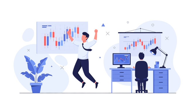 Successful trader celebrating profit, stock market trading concept, modern flat illustration style