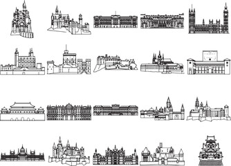 Fototapeta premium A collection of architectural line drawings featuring famous historical buildings and landmarks from around the world, presented in a clean, graphic style.