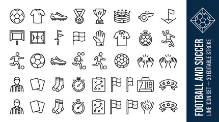 36 football and soccer line icons with editable stroke for sports, competition, and athletic design projects. © cloud