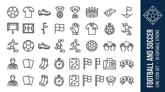 36 football and soccer line icons with editable stroke for sports, competition, and athletic design projects.
