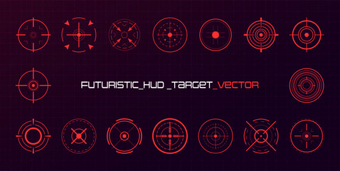 Red target HUD set featuring circular targeting graphics and futuristic interface elements. High-tech vector overlays for gaming, surveillance and tactical displays. © Art_Stars