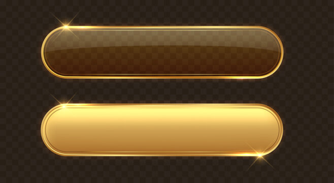 Elegant golden glass UI button featuring transparent material and realistic reflections. Premium 3D interface element isolated