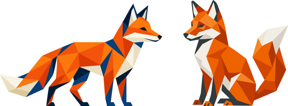Low poly fox vector set, geometric red fox illustrations in standing and sitting poses, origami style wild animal graphics for modern branding