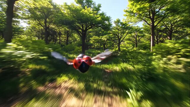 Single red ladybug flying at high speed through a lush green forest on a sunny summer day, with a dynamic motion blur effect creating a sense of urgency and freedom in a natural setting