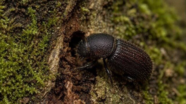 Extreme macro of a european spruce bark beetle, ips typographus, digging a hole in the spruce wood to create a new tunnel, symbolizing the destructive impact of this invasive pest on forests