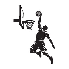 Basketball player silhouette performing slam dunk with hoop and ball vector illustration for sports competition and athletic branding © Zulfa