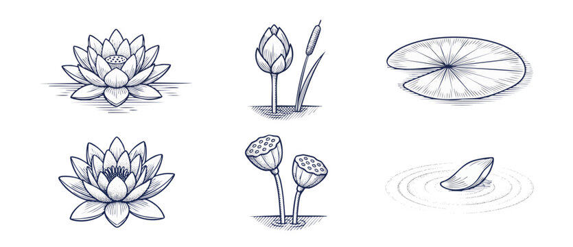 Lotus flower line art illustration set of hand drawn vintage water lily elements, lily pad, seed pod, bud, and floating petal for botanical graphic design, spa branding, isolated on white background.