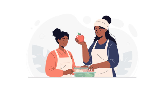 Two women preparing healthy food, one holding an apple over a food container, modern flat illustration style.