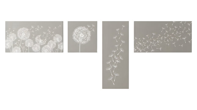 Minimalist dandelion wall art collection, set of 4 floral canvas prints, elegant grey and white dandelion seed head illustrations for home decor isolated on Transparent Background