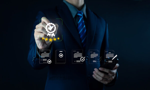 Businessman with digital certification badge five stars, symbolizing quality assurance, standard approval, business excellence, compliance, service rating, customer trust, professional certification.